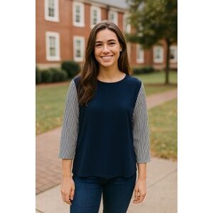 DVF‎ Diane Von Furstenberg Silk Navy Blue White Colorblock Stripe Blouse Top 8